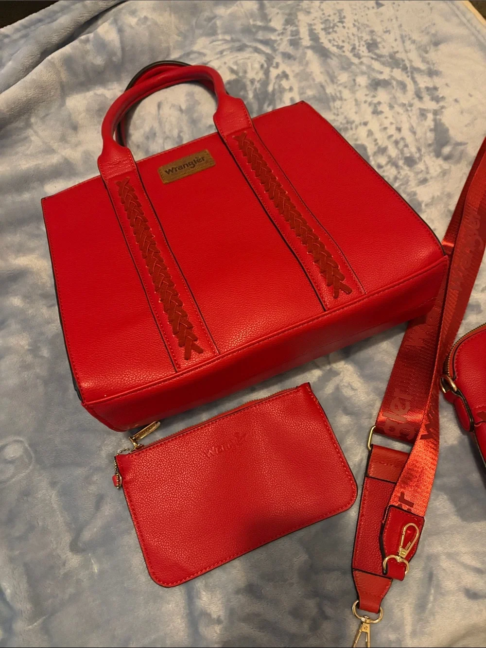 Wrangler Red Faux-Leather Tote with Braided Trim and Removable Pouch